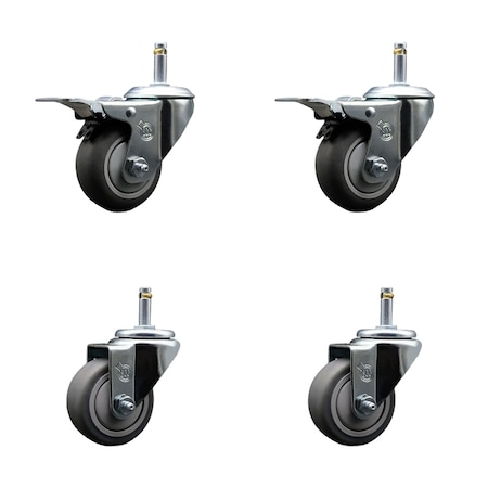 Service Caster 3'' Thermo Rubber Swivel 7/16'' Stem Caster Set 2 Total Lock Brake, 4PK SCC-GRTTL20S314-TPRB-716138-2-S-2